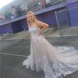 Strapless Silver-Gray Floral Ball Gown